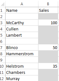 blank cells selected